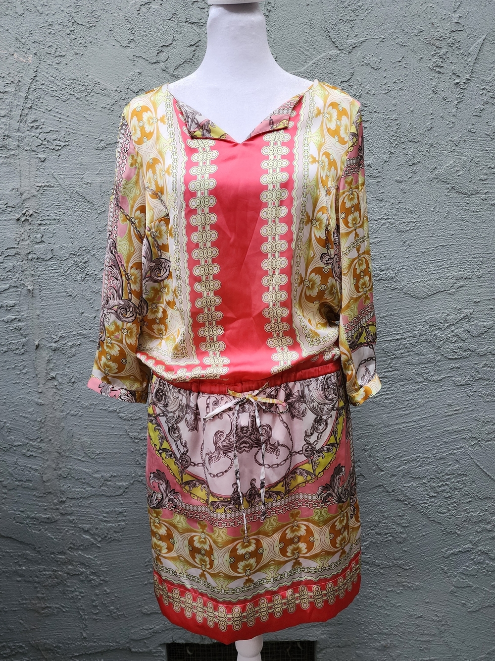 Jennifer Lopez Pink Baroque Chain Print Drawstring Blouson Shift Dress Size S